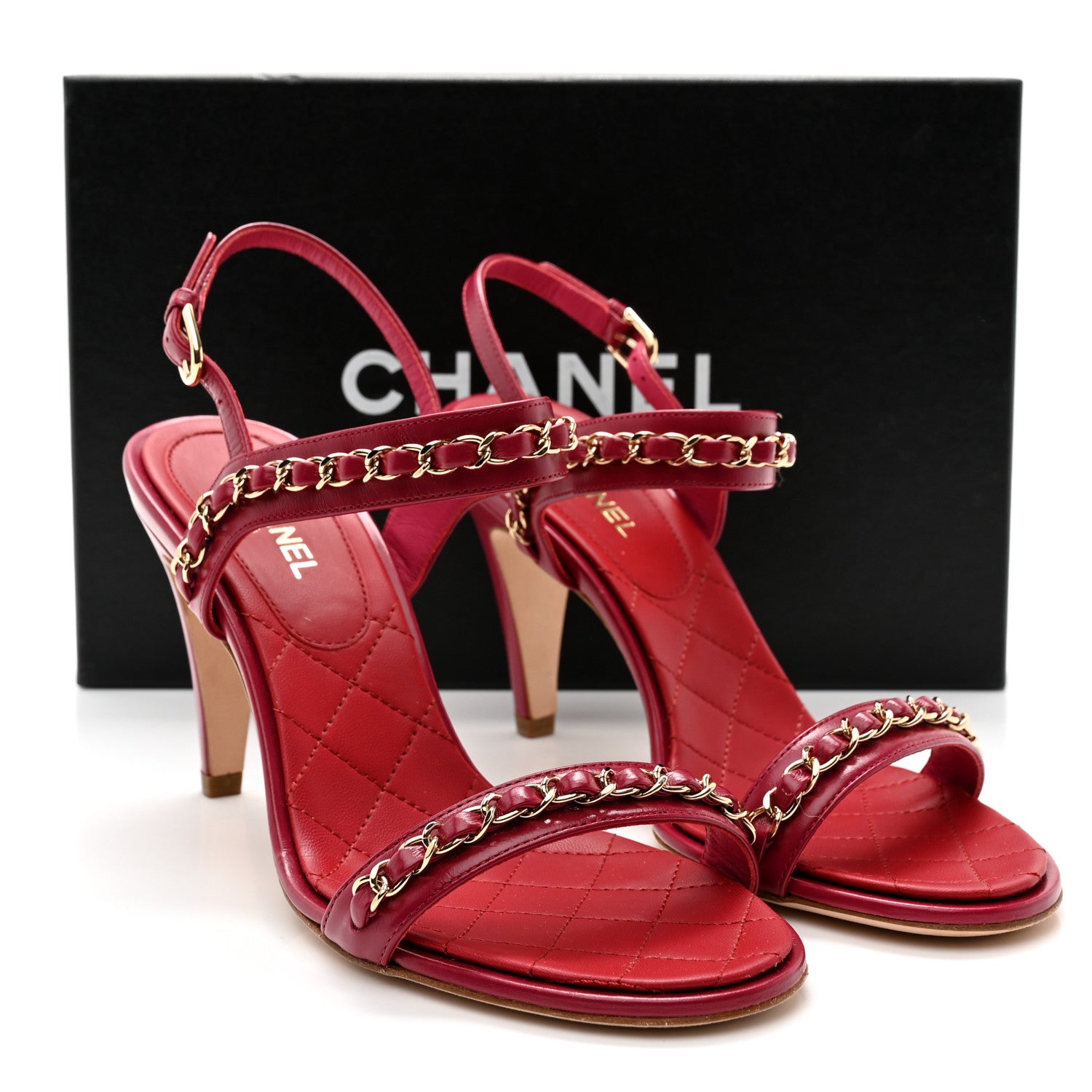 Chanel Crumpled Calfskin Quilted Chain Strap Sandals 37.5 Red 9 of 9