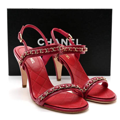 Chanel Crumpled Calfskin Quilted Chain Strap Sandals 37.5 Red 9 of 9