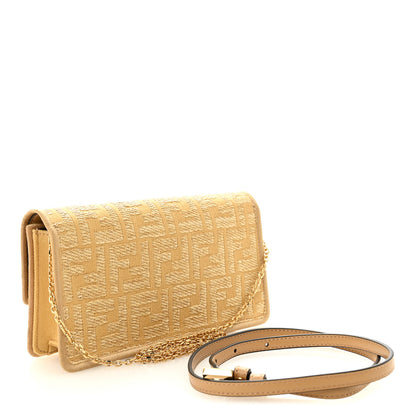Fendi Fabric Jacquard Raffia Straw FF 1974 Wallet On Chain Natural Dark Honey 3 of 9