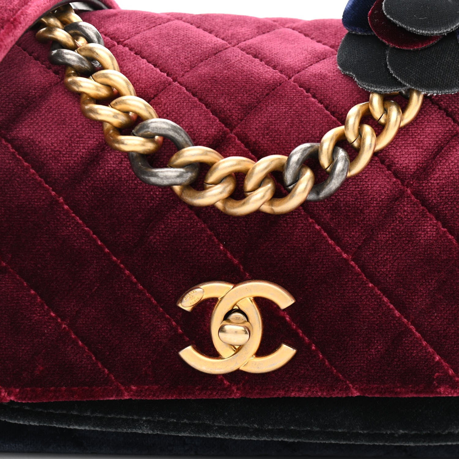 Chanel Velvet Quilted Medium Camellia Flap Black Red Blue 8 of 11