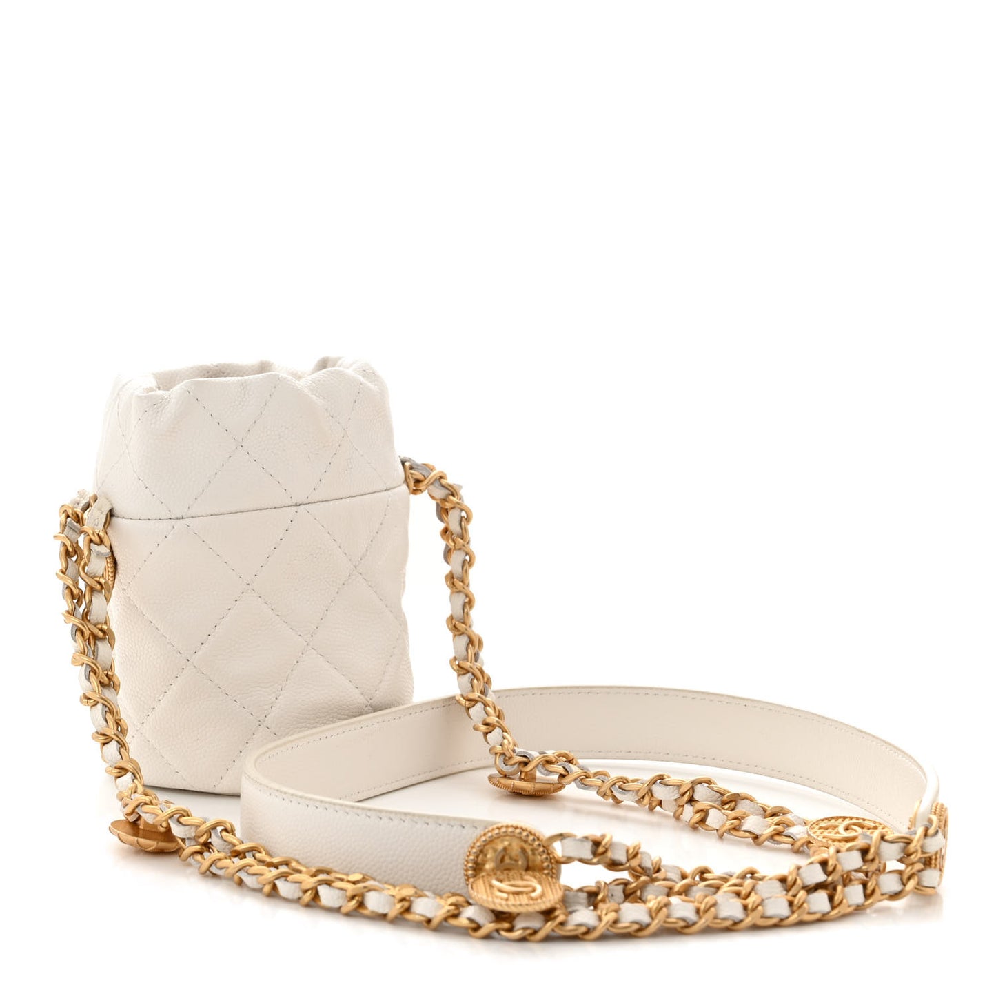 Caviar Quilted Twist Your Buttons Mini Bucket Bag White