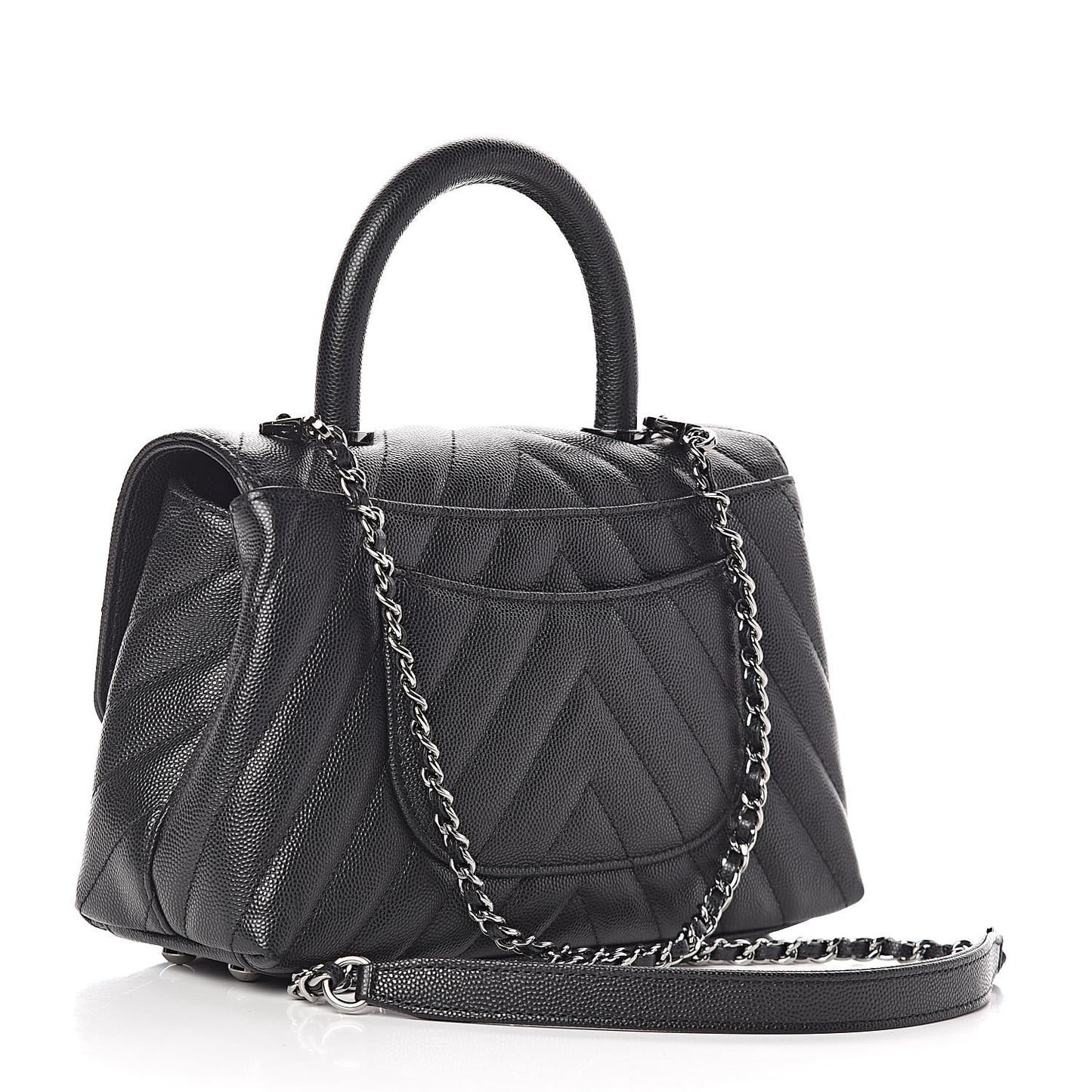Caviar Chevron Quilted Mini Coco Handle Flap Black