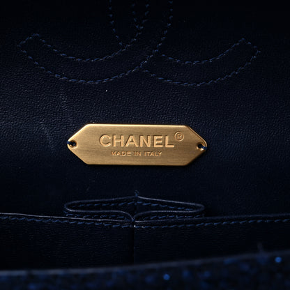 Chanel Tweed Sequin Timeless Classic Chained Double Flap Navy Blue 6 of 12