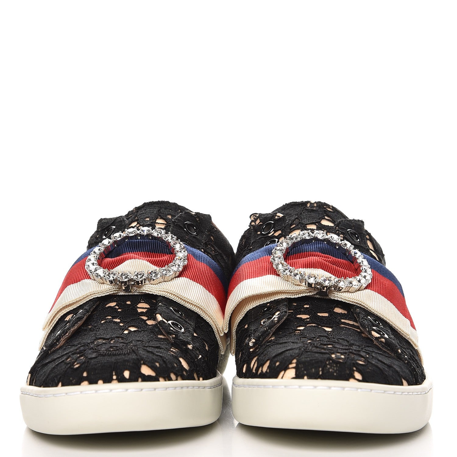 Gucci Lace Crystal Sylvie Web Flower Leaf Womens Ace Sneakers 37 Black Tan Beige 3 of 9
