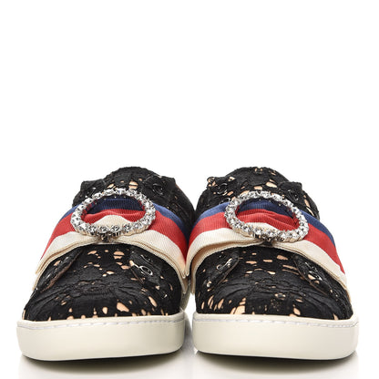 Gucci Lace Crystal Sylvie Web Flower Leaf Womens Ace Sneakers 37 Black Tan Beige 3 of 9
