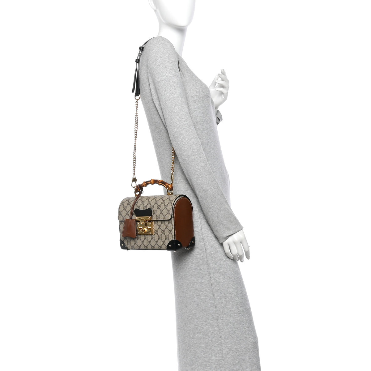 Gucci GG Supreme Monogram Small Padlock Bamboo Shoulder Bag Beige Black Cuir 2 of 11
