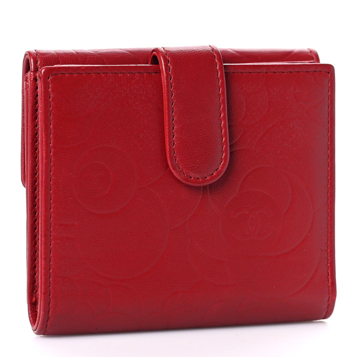 Lambskin Camellia Embossed Compact French Flap Wallet Red