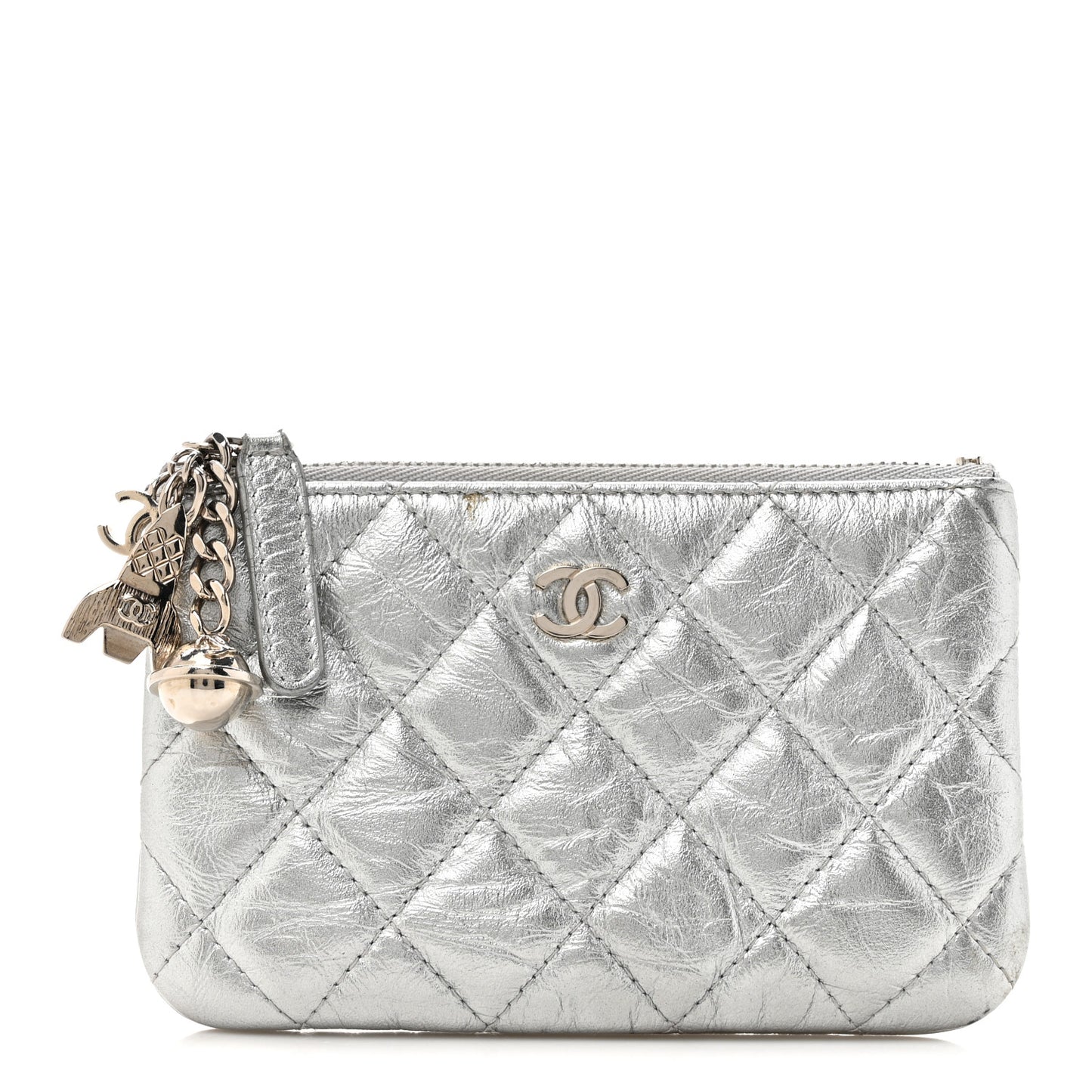 Metallic Aged Calfskin Quilted Small Cosmetic Pouch Silver