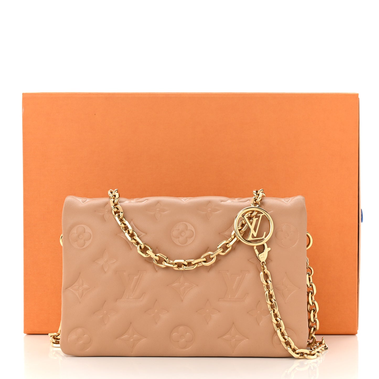 Lambskin Embossed Monogram Pochette Coussin Camel