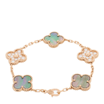 Van Cleef & Arpels 18K Rose Gold Diamond Gray Mother of Pearl 5 Motifs Vintage Alhambra Bracelet 2 of 5