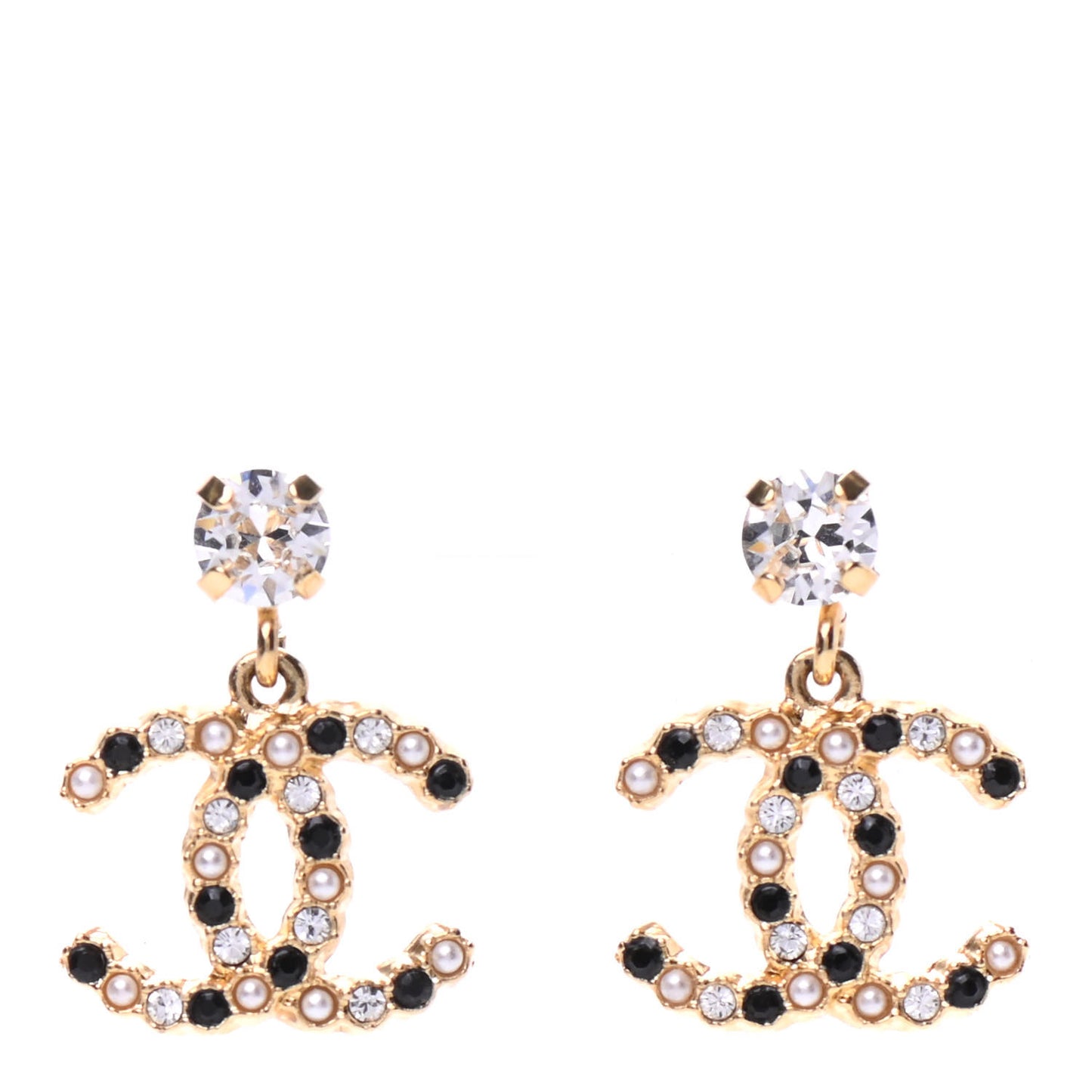 Resin Crystal Pearl CC Drop Earrings Gold Black