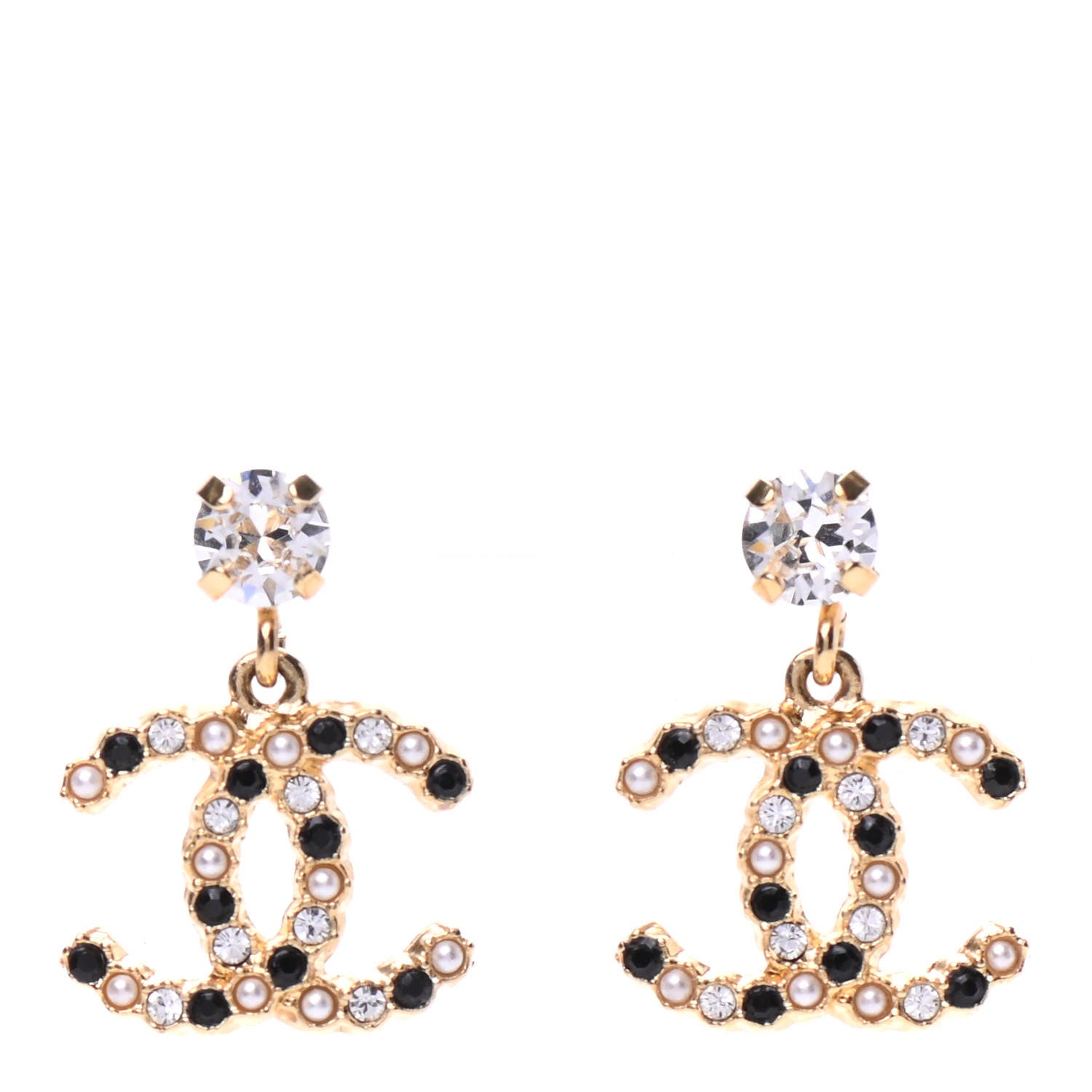 Chanel Resin Crystal Pearl CC Drop Earrings Gold Black 1 of 5