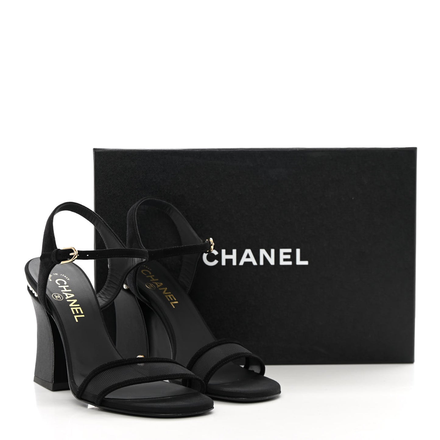 Lambskin Grosgrain Open Toe Pearl Sandal Heels 39.5 Black