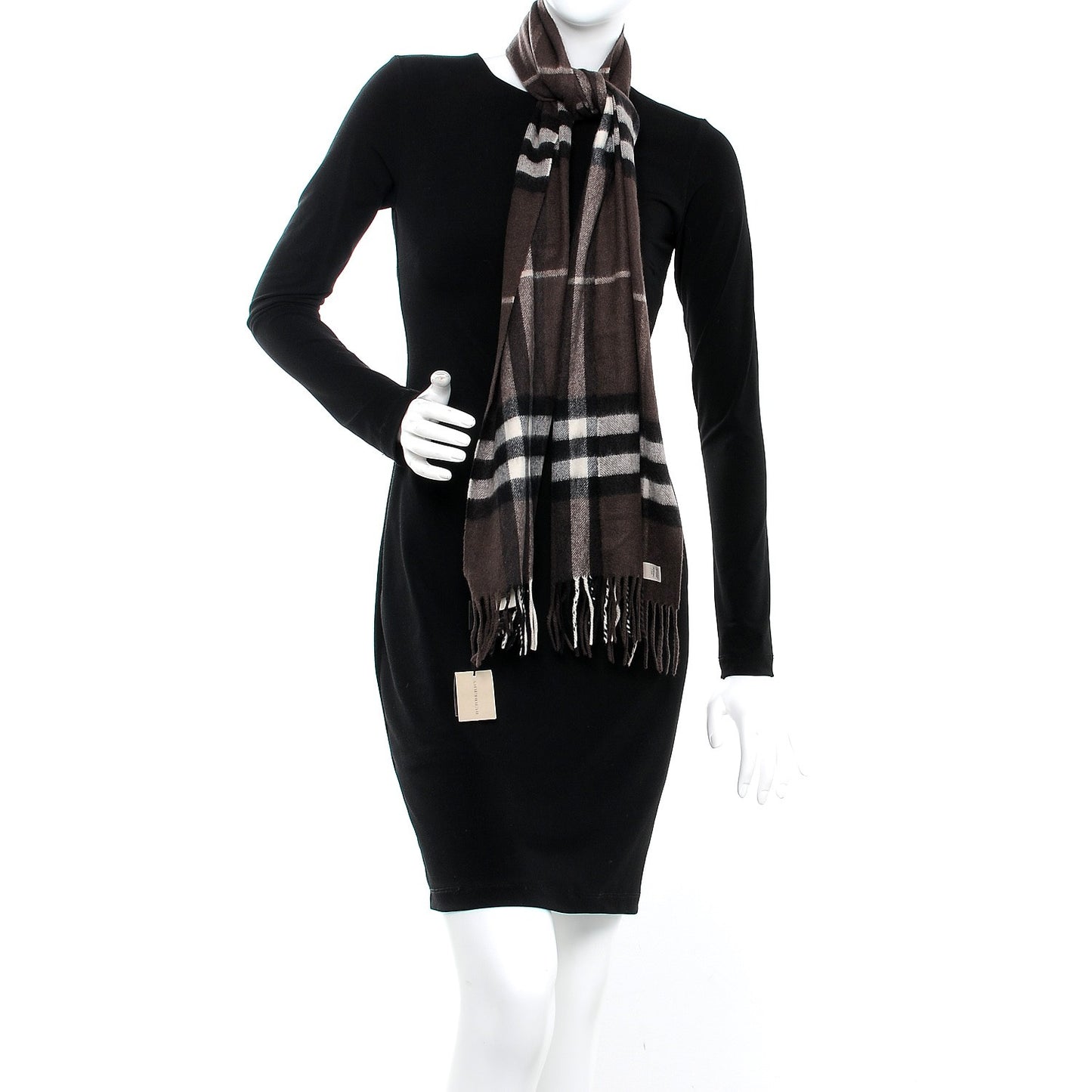 Cashmere Giant Check Fringe Scarf Bitter Chocolate