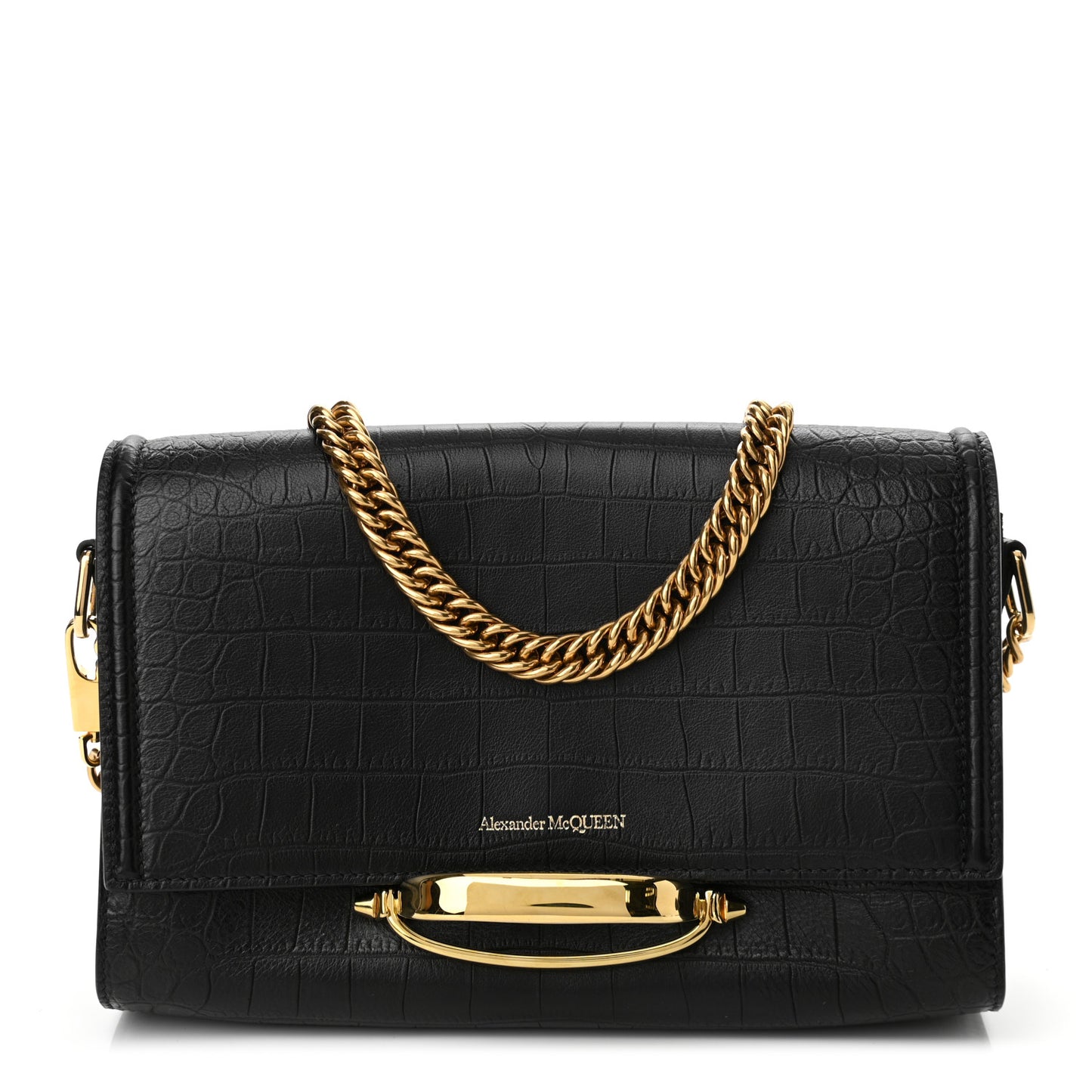 Calfskin Crocodile Embossed The Story Shoulder Bag Black