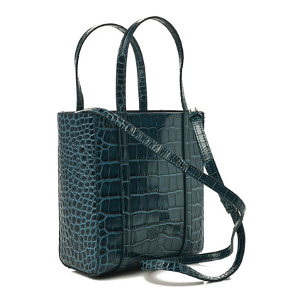 Balenciaga Shiny Calfskin Logo Crocodile Embossed XXS Everyday Tote Indigo 3 of 9
