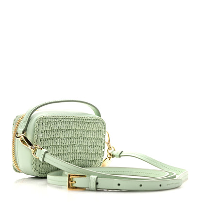 Prada Yarn Raffia Effect Calfskin Crochet Metal Triangle Logo Mini Pouch with Handle Acqua 3 of 10