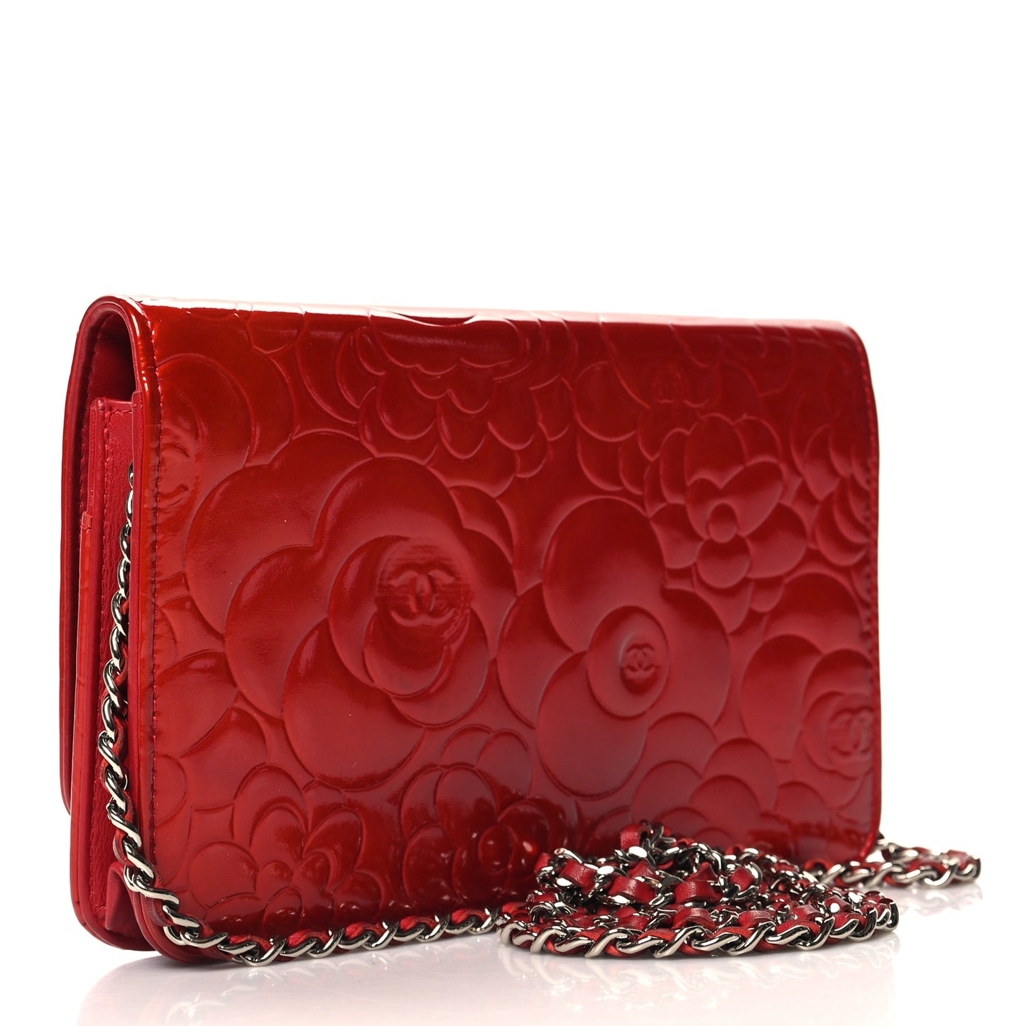 Patent Camellia Embossed Wallet On Chain WOC Red
