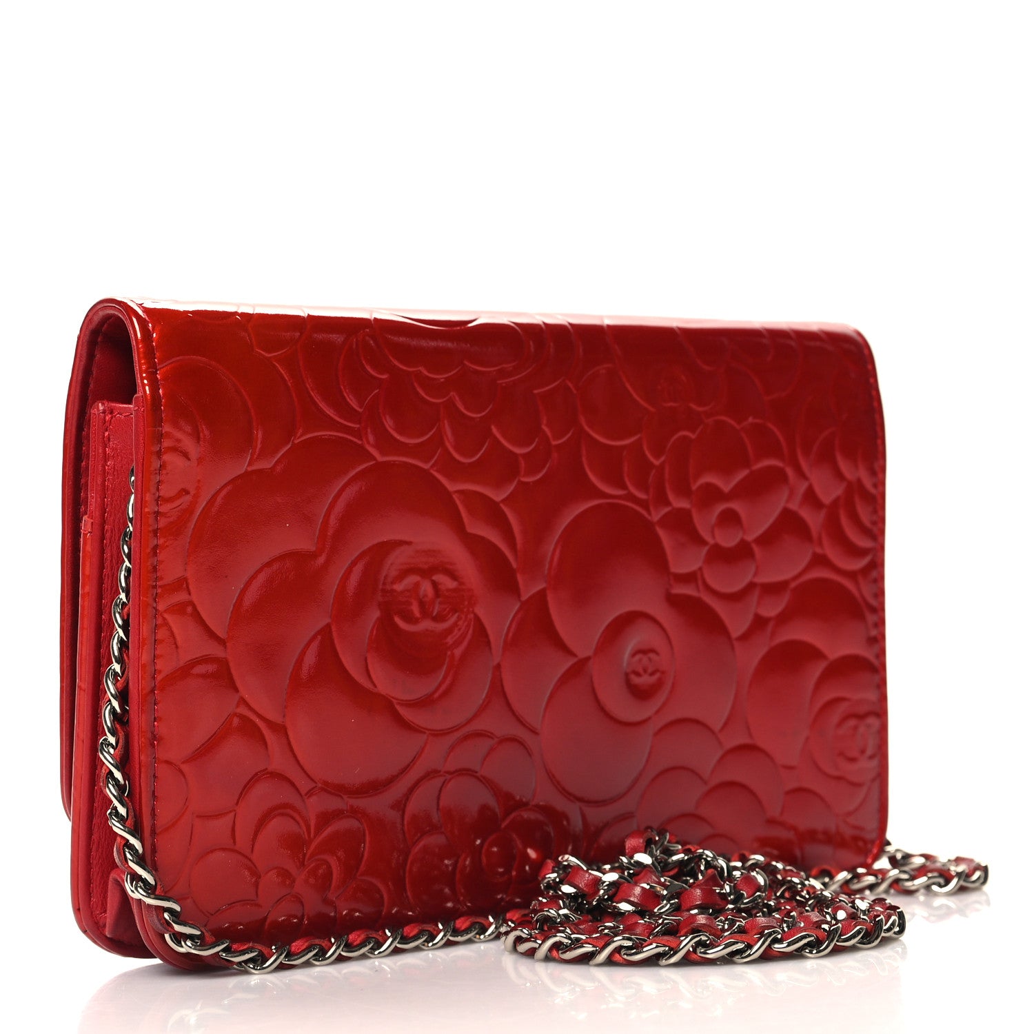 Chanel Patent Camellia Embossed Wallet On Chain WOC Red 3 of 11