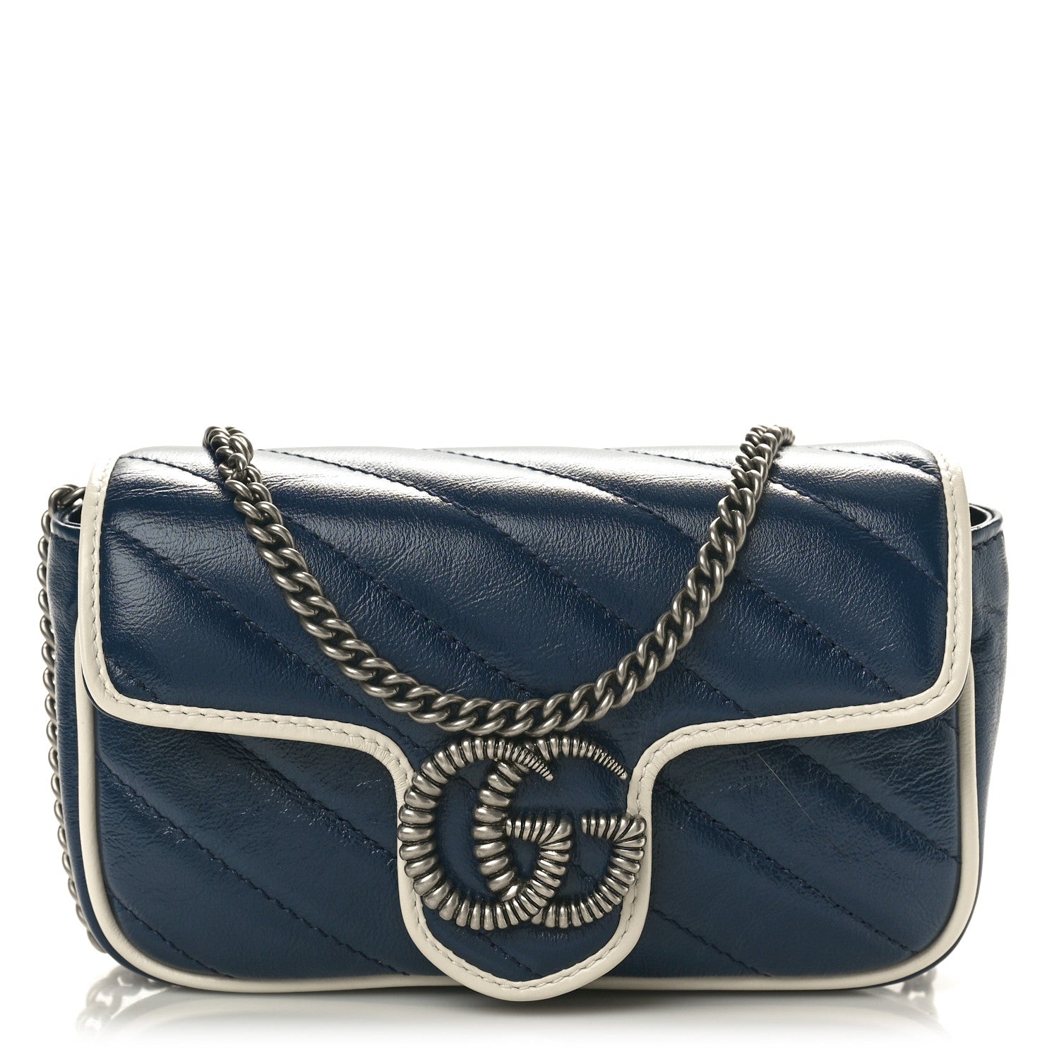Gucci Vintage Effect Calfskin Matelasse Diagonal Super Mini Torchon GG Marmont Shoulder Bag Blue Agata Mystic White 1 of 10