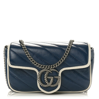 Gucci Vintage Effect Calfskin Matelasse Diagonal Super Mini Torchon GG Marmont Shoulder Bag Blue Agata Mystic White 1 of 10