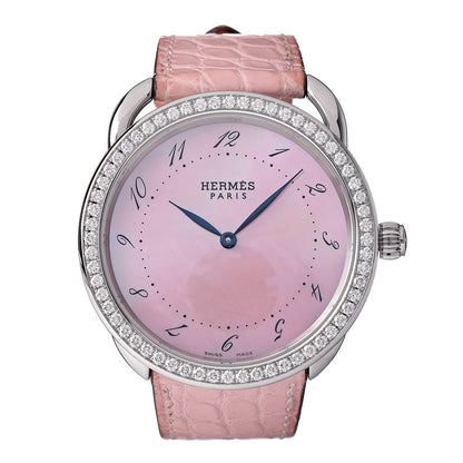 Hermes Stainless Steel Alligator Diamond Bezel Pink Mother of Pearl 38mm Arceau Quartz Watch 1 of 16