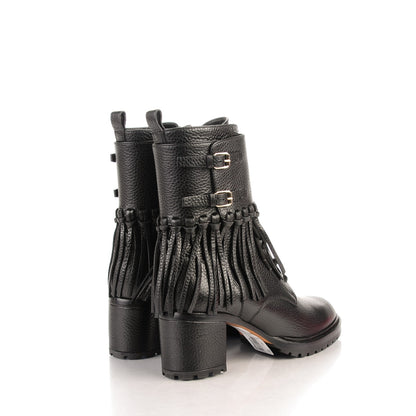 Valentino Garavani Calfskin Fringe Combat Boots 38.5 Black 4 of 9