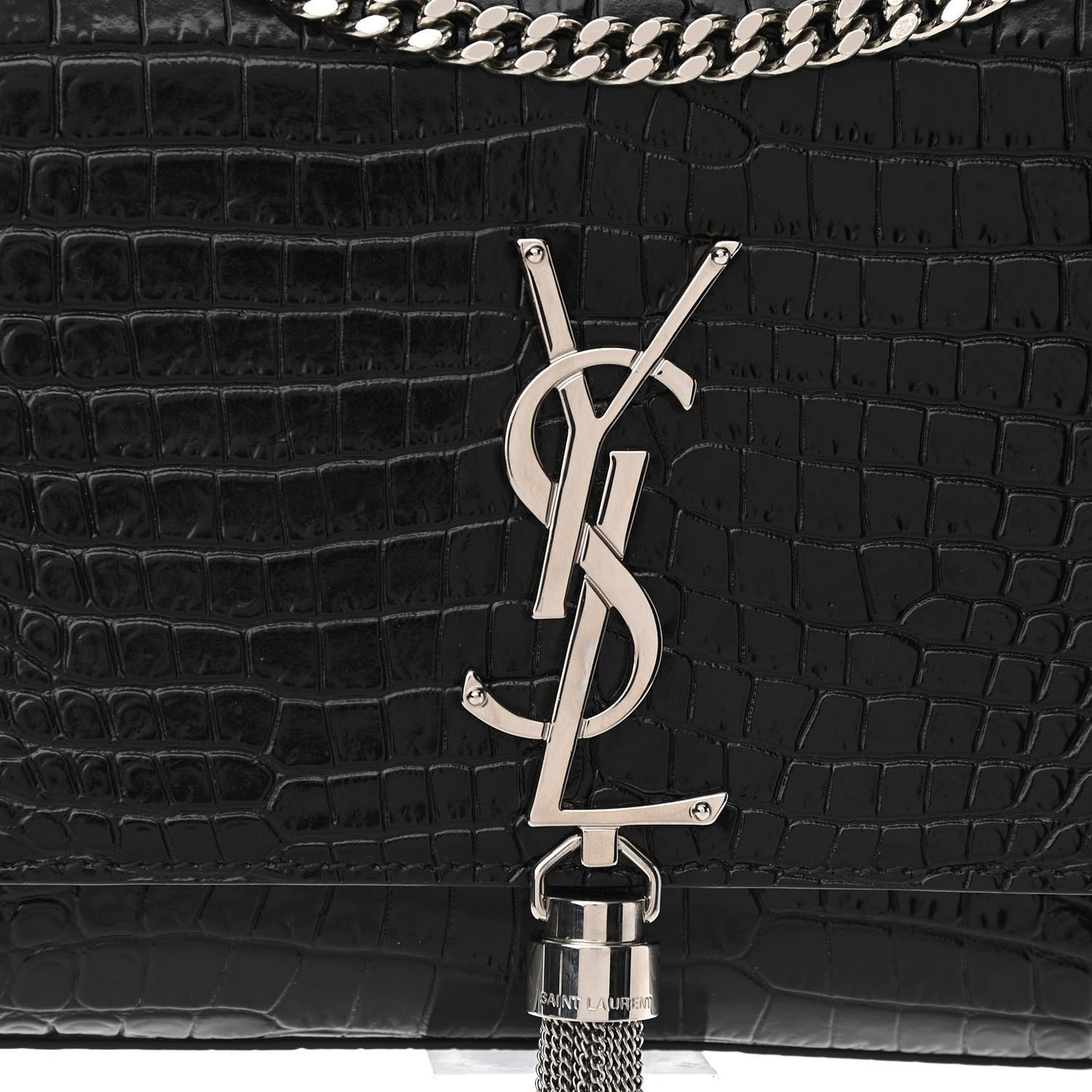 Calfskin Crocodile Embossed Medium Classic Monogram Kate Tassel Satchel Black
