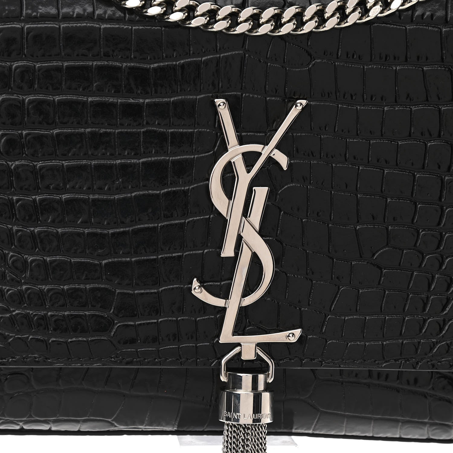 Saint Laurent Calfskin Crocodile Embossed Medium Classic Monogram Kate Tassel Satchel Black 7 of 10