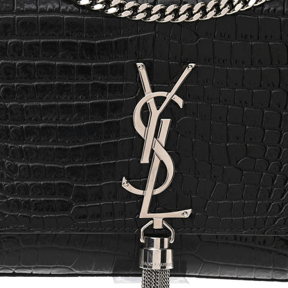 Saint Laurent Calfskin Crocodile Embossed Medium Classic Monogram Kate Tassel Satchel Black 7 of 10
