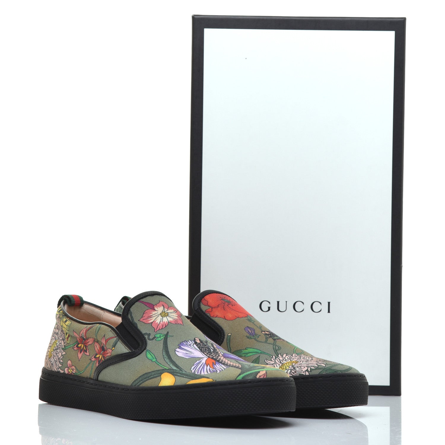 Gucci Canvas Miro Soft Calfskin Web Floral Snake Print Mens Dublin Slip On Sneakers 9.5 Militare Multicolor Black 11 of 11