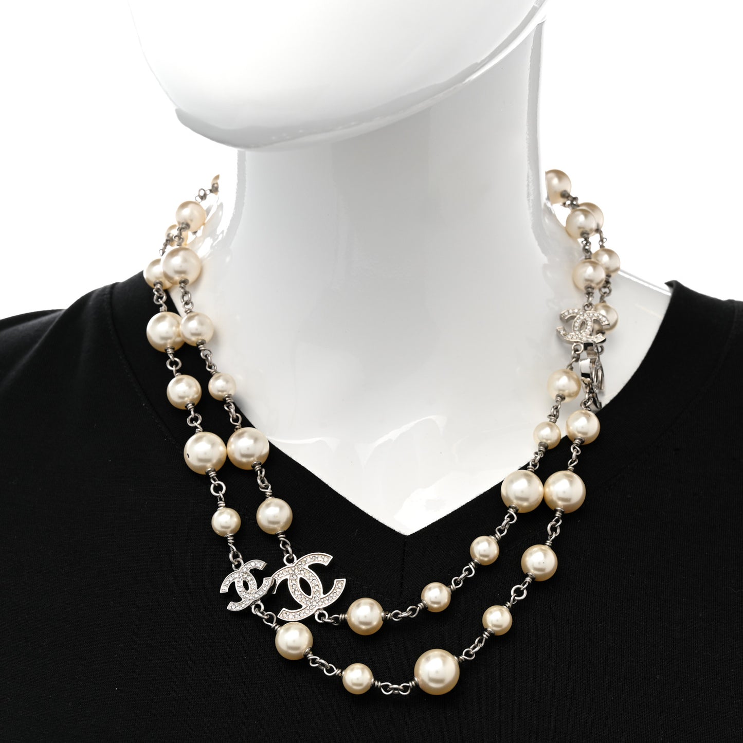 Graduated Pearl Crystal CC Long Necklace Silver