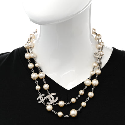 Chanel Graduated Pearl Crystal CC Long Necklace Silver 2 of 8