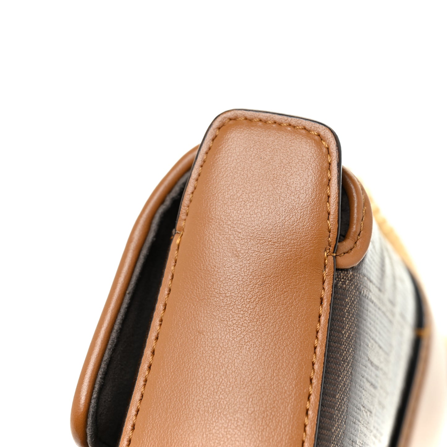 Glazed Fabric Vitello Century FF 1974 Stamp Patch Mini Double F Crossbody Bag Mogano Panna Caramello