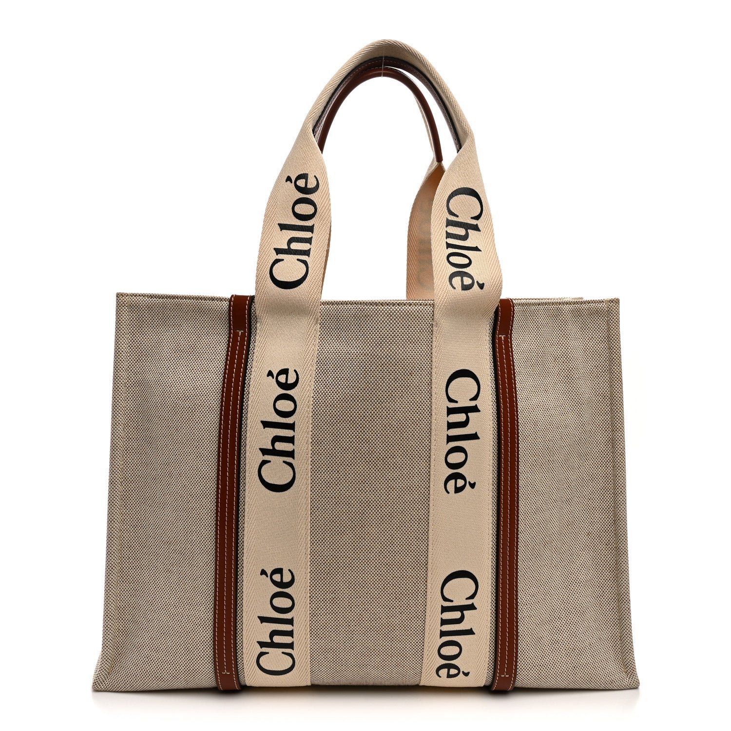 Chloe Cotton Calfskin Large Woody Ribbon Tote White Brown 1 of 10
