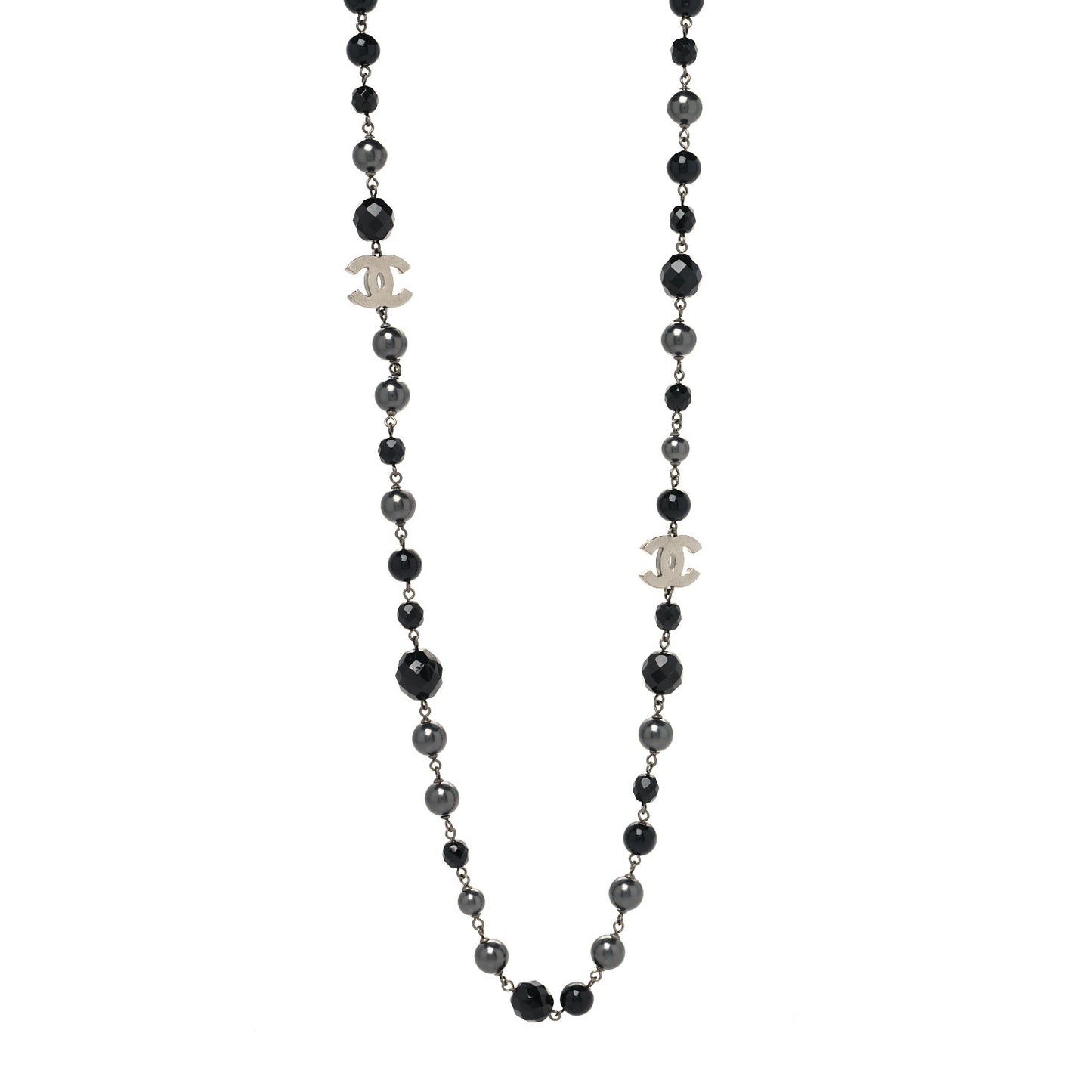 Ruthenium Pearl Beaded CC Long Necklace Black