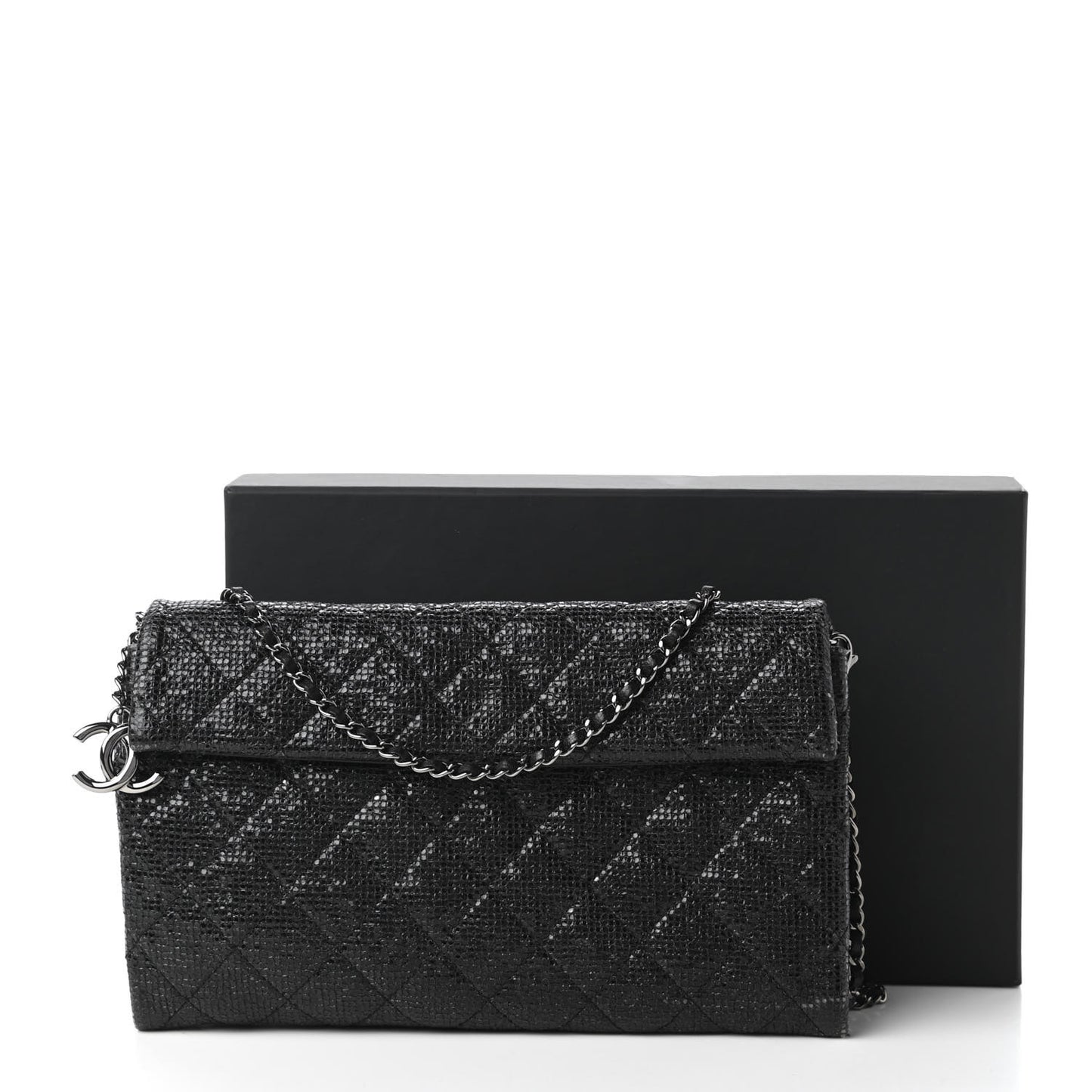 Iridescent Vinyl Quilted Clutch With Chain Black