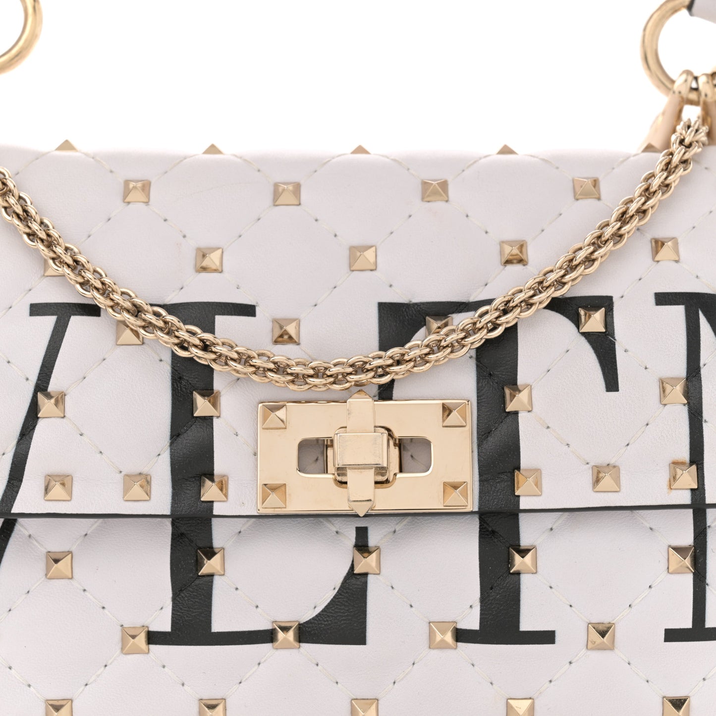 Lambskin VLTN Print Medium Rockstud Spike Shoulder Bag Optic White Black