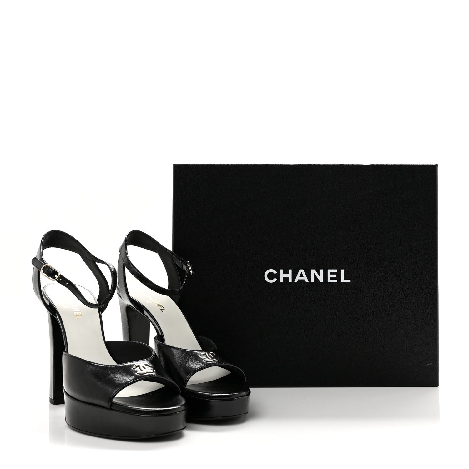 Chanel Lambskin CC Peep Toe Platform Sandals  38 Black 10 of 10