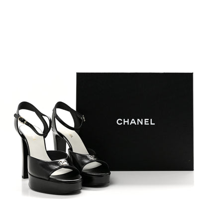 Chanel Lambskin CC Peep Toe Platform Sandals  38 Black 10 of 10