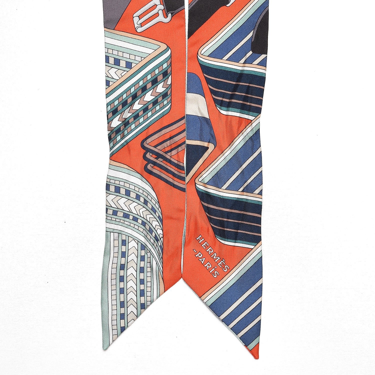 Hermes Silk Sangles En Zigzag Twilly Orange Turquoise Gris 3 of 4