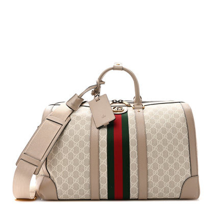 Gucci GG Supreme Monogram Textured Dollar Calfskin Web Medium Savoy Duffle Bag Beige Mystic White Oatmeal 1 of 9