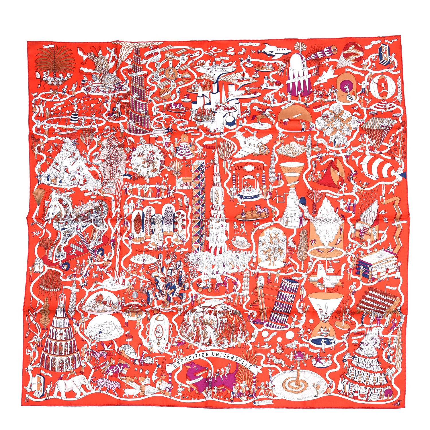 Hermes Silk Exposition Universelle Scarf 90 Rouge Creme Violet 1 of 5