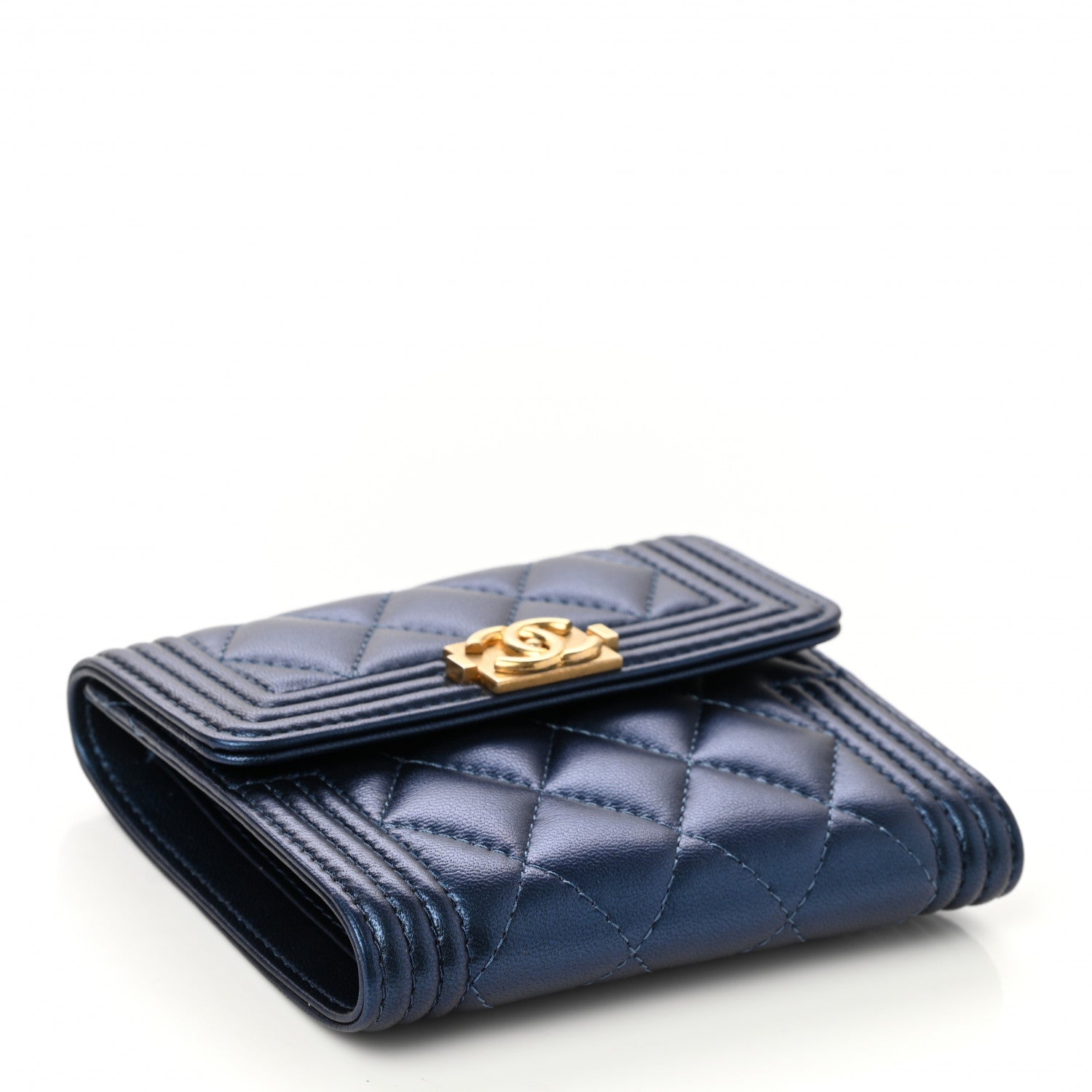 Chanel Metallic Lambskin Quilted Compact Boy Wallet Blue 4 of 9