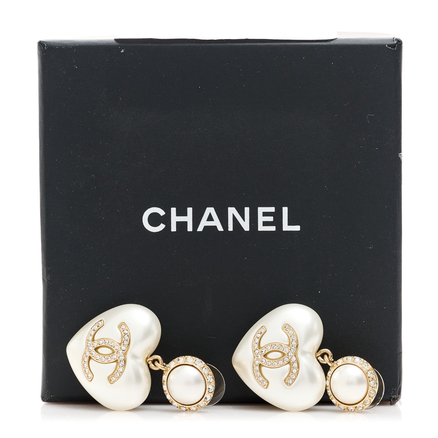 Chanel Pearl Crystal CC Heart Drop Earrings Gold 5 of 5