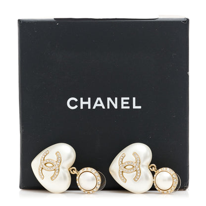 Chanel Pearl Crystal CC Heart Drop Earrings Gold 5 of 5
