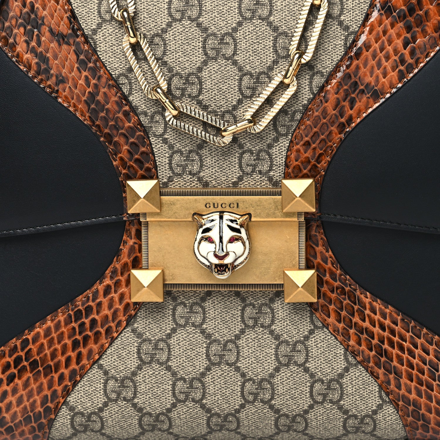 Gucci Nappa Elaphe GG Supreme Monogram Medium Osiride Top Handle Bag Black Bright Cuir Beige Ebony 9 of 14