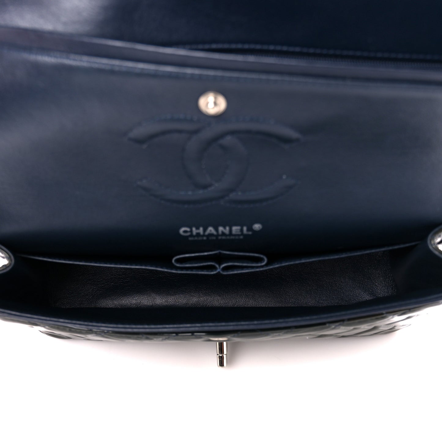 Patent Calfskin Quilted Bi-Color Medium Double Flap Navy Blue Black