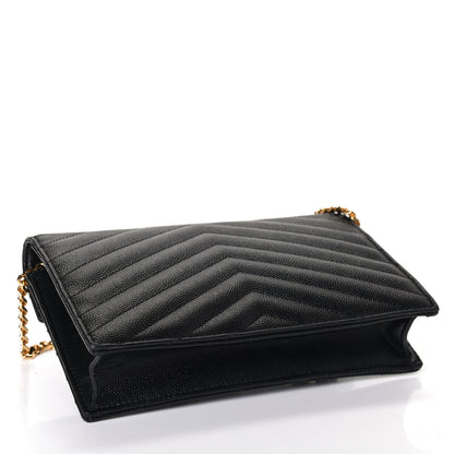 Saint Laurent Grain De Poudre Matelasse Chevron Monogram Envelope Chain Wallet Black 3 of 4