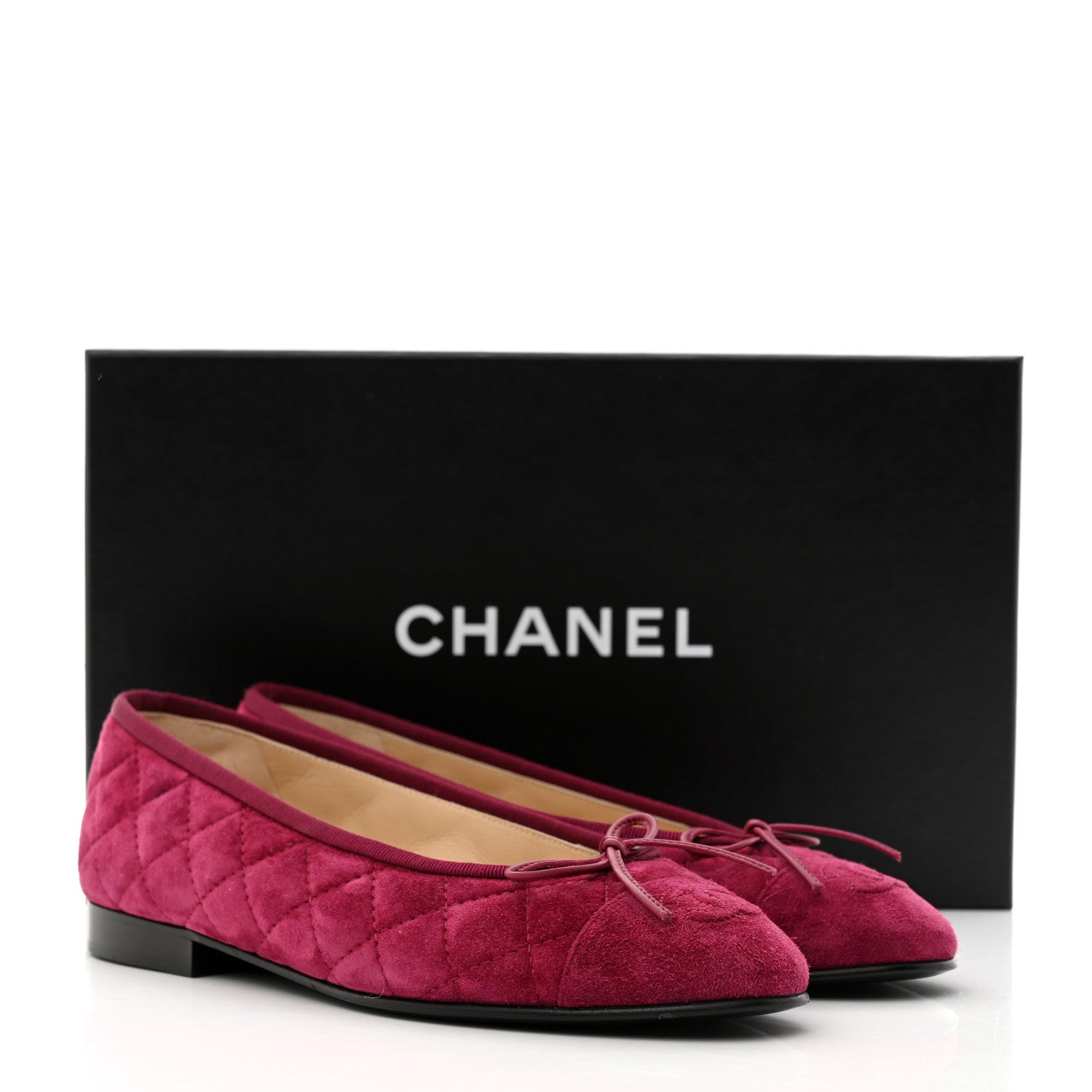 Chanel Suede Calfskin Quilted Cap Toe CC Ballerina Flats 37 Dark Pink 9 of 9